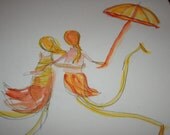 girls flying away 9x12 original  painting / whimiscal art/ watercolor painting / abstract painting home decor
