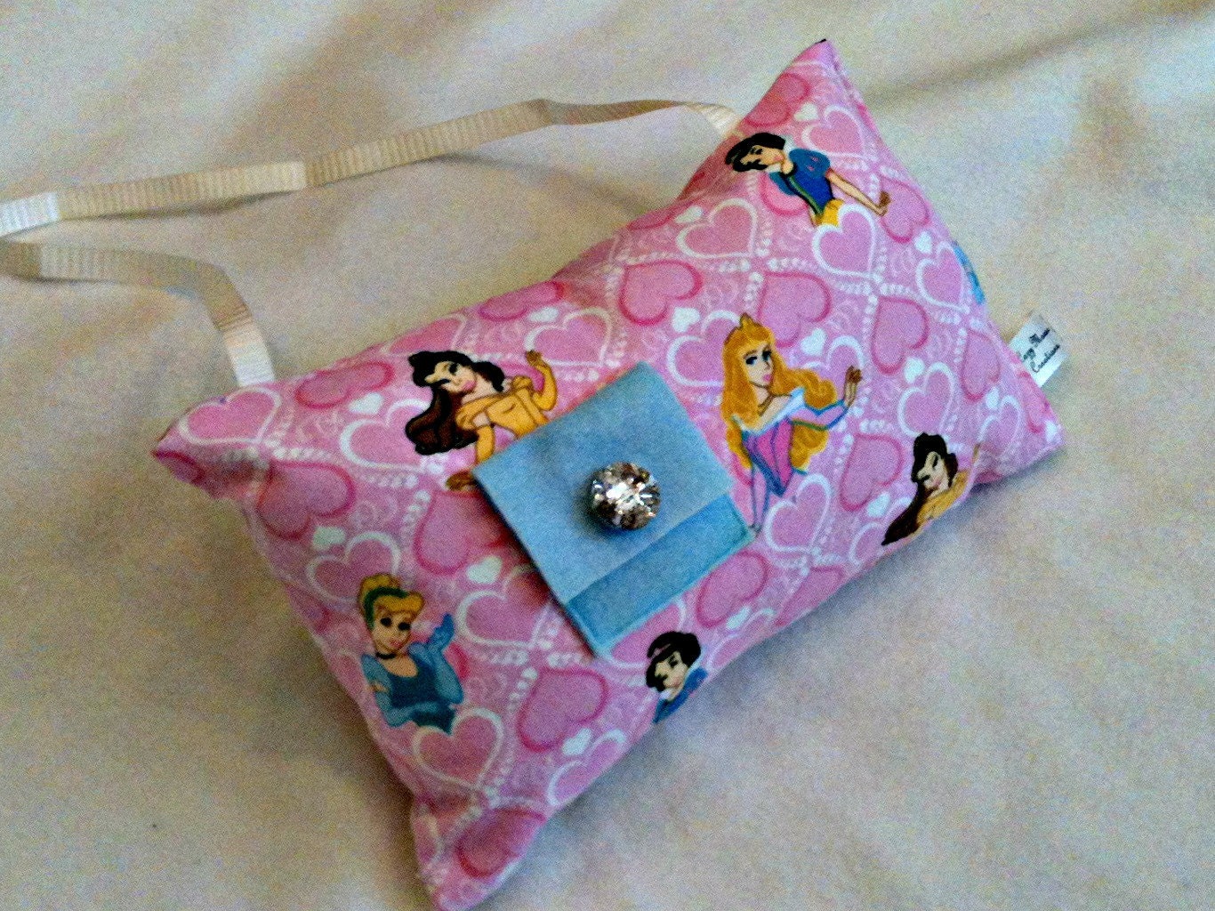 Princess Tooth Fairy Pillow on Flannel with Blue Pocket and Rhinestone Button with Cream  Door Hanger