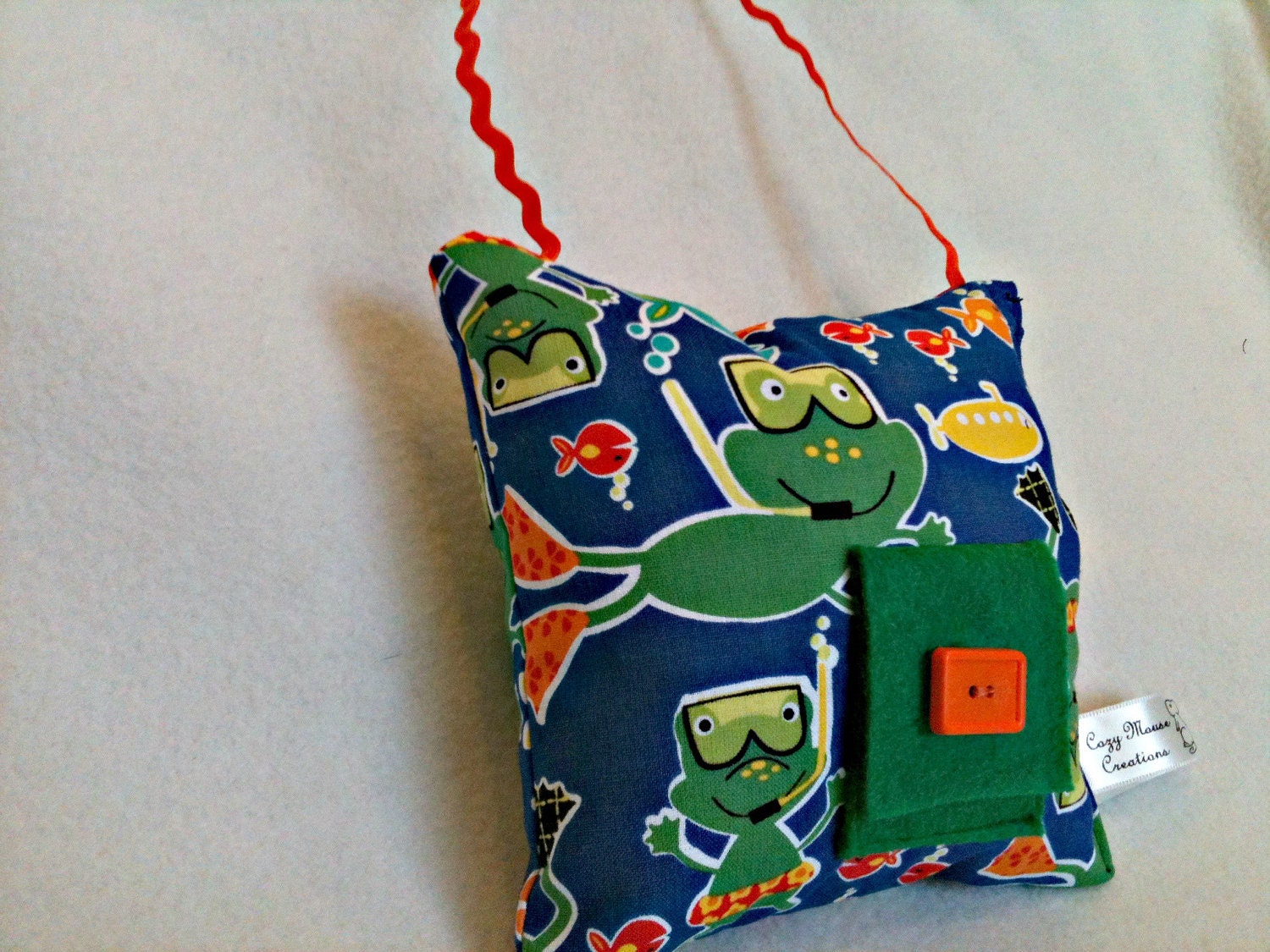 Frogs Tooth Fairy Pillow with Orange Pocket and Orange Button and Door Hanger