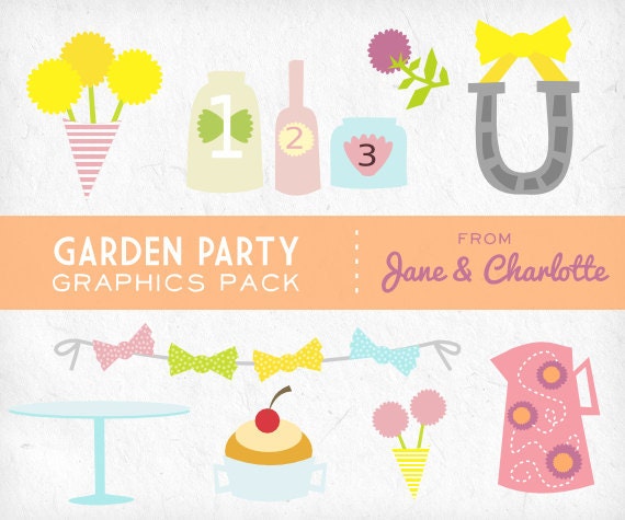 Clip Art Graphics Pack Garden Party Flowers Tea Horseshoe Personal and Small Commercial Use