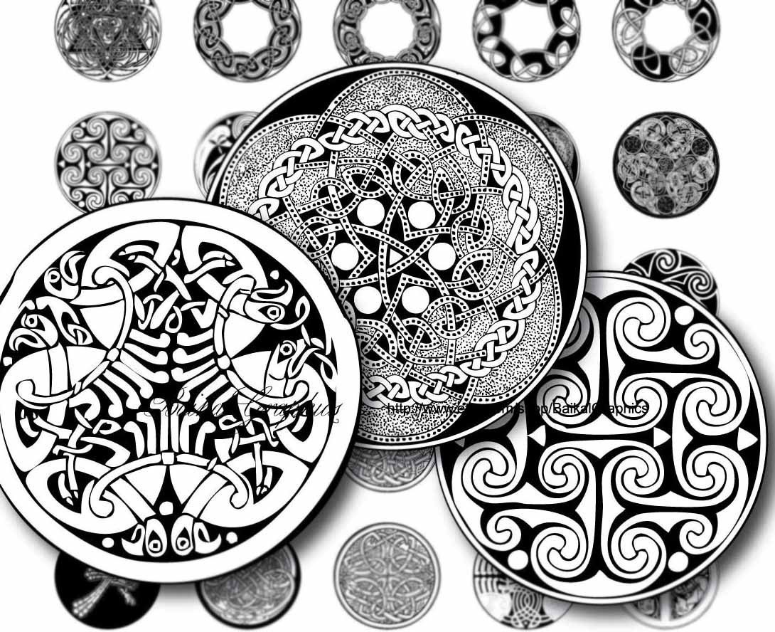 Celtic patterns Black and white Circles Digital Collage Sheet 1x1 inch. Printable round images for pendants cabochon button 057 - BaikalGraphics