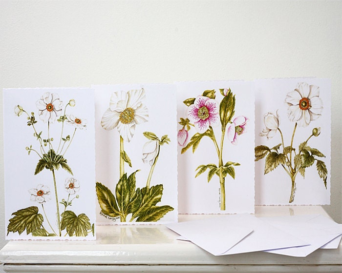 Blank Notelets, 8 Pack, Assorted White Flowers, 2 of Each Design, Anemone, Helleborus, Deckle Edged Card