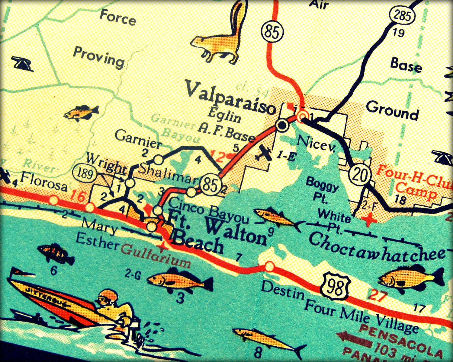 map photograph DESTIN beach decor Florida art print retro Ft Walton Beach 11x14 aqua fish vintage vacation coastal decor