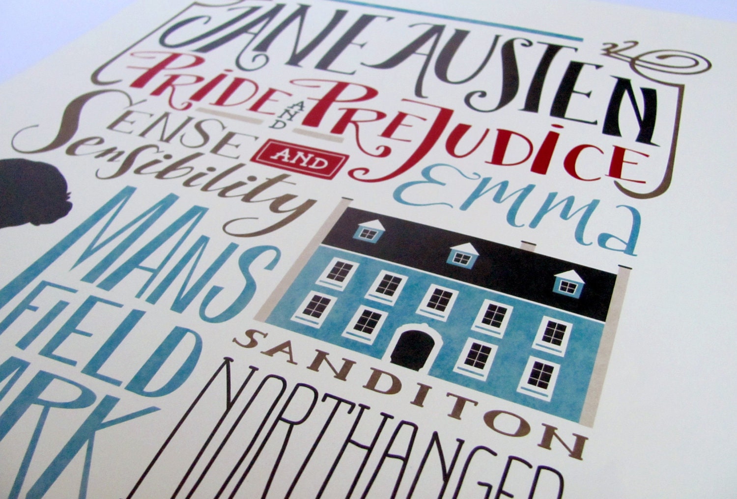 Jane Austen bibliography print, all the novels (12,60 x 18,10)