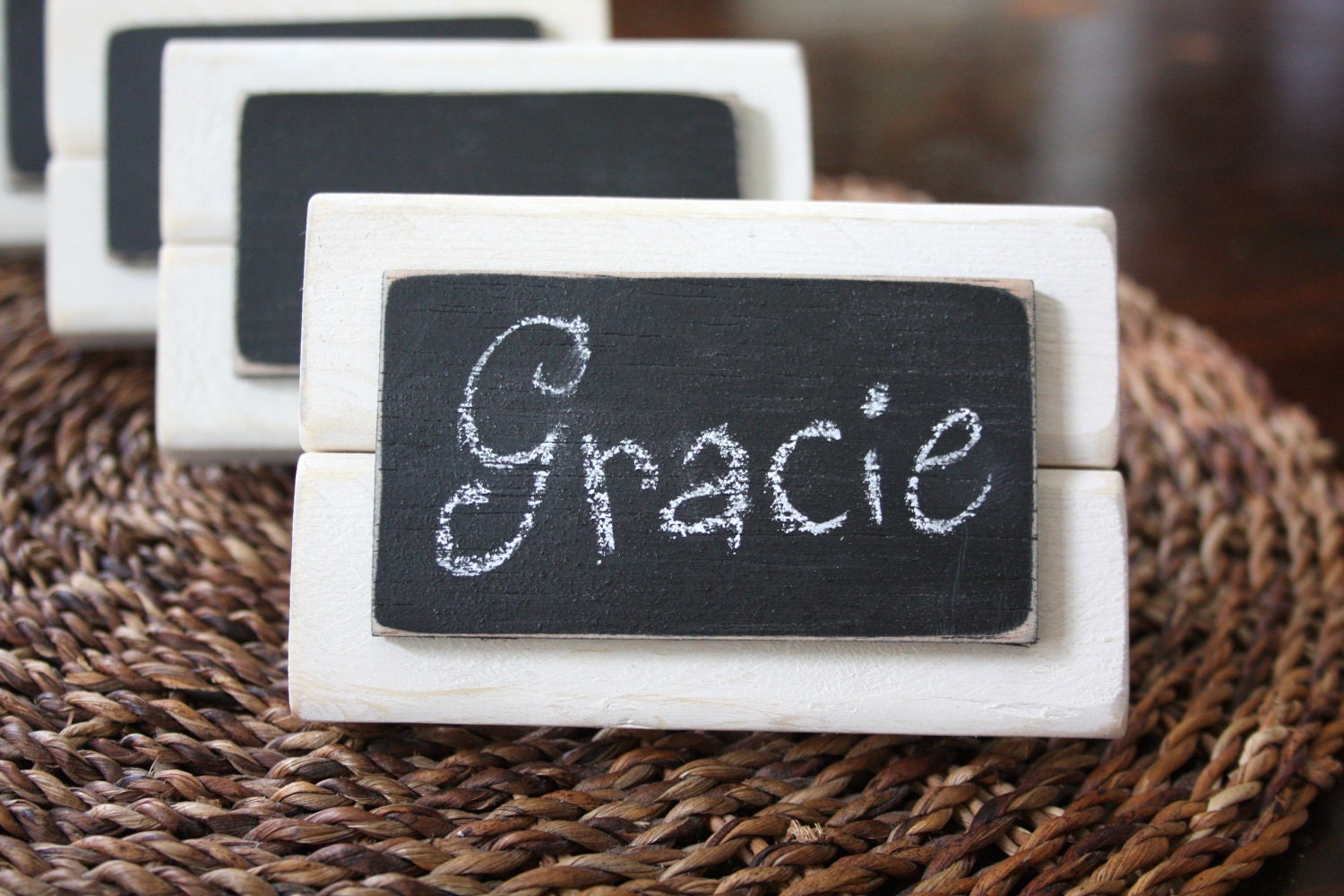 Set of 4 - Distressed Wood Mini Frame Chalkboard Place Cards - White