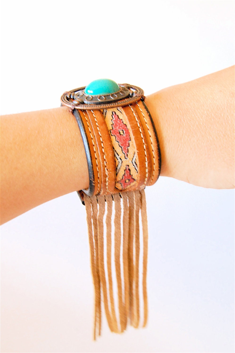 Reserved for Donna ONLY Tooled leather cuff Navajo print fringe turquoise western conch boho centerpiece