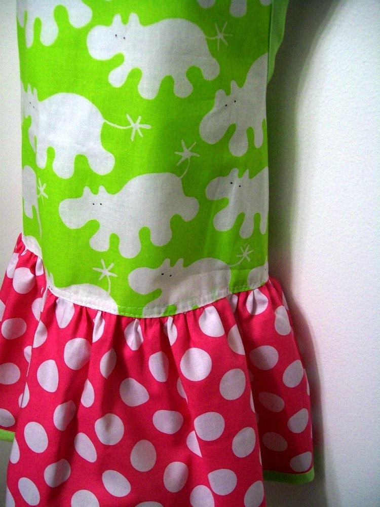 Girls Ruffled Bib Apron - Size L  -  Happy Hippos in Lime Green - Hot Pink Polka Dot