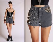 High Waisted Studded Gray Leopard Print Denim Shorts