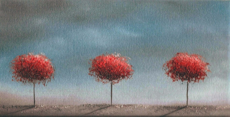ORIGINAL Abstract Tree Oil Painting, Blue and Red Contemporary Art, Textured Canvas, 6 x 12, We Three