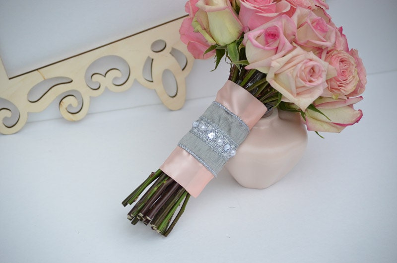 Pale Pink and Gray Bouquet Wrap with Rhinestone and Pearl Center Detail