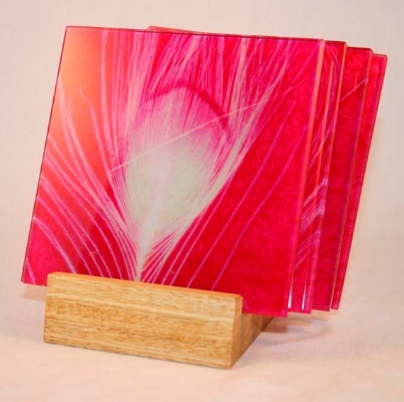 Set of four glass handprinted one off coasters