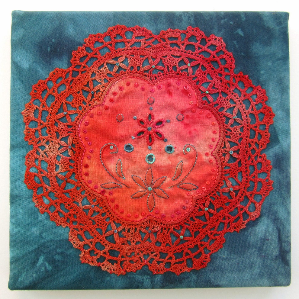 Embroidered Textile Art - Tea for One -  Recycled hand dyed vintage doily, fiber art, textile art, wall hanging