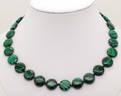 Handmade stone beads (stonework), necklace with pressed green copper (green malachite), length 46 cm, free shipping