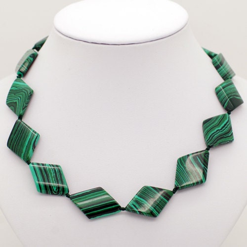 Handmade stone beads (stonework), necklace with pressed green copper (green malachite), length 45 cm, free shipping