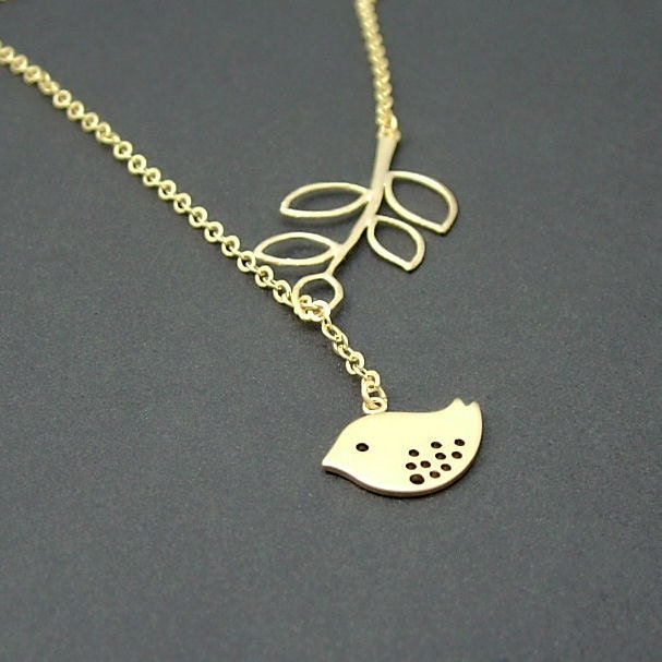 Gold Branch and Bird Necklace, Gold Bird Lariat Necklace
