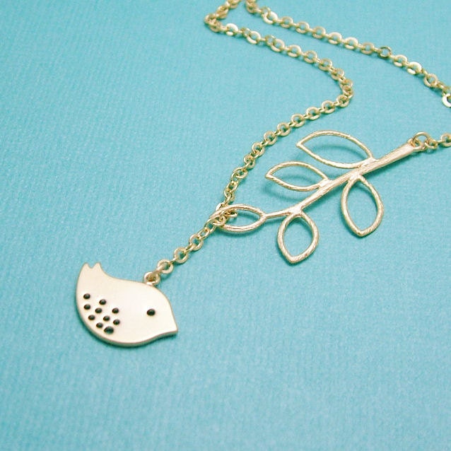 Gold Branch and Bird Necklace, Gold Bird Lariat Necklace