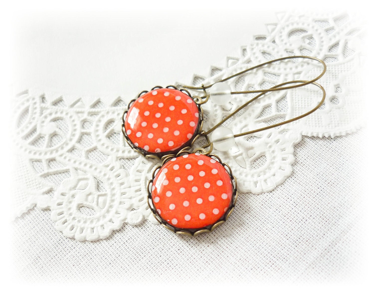 SALE Red White polka dots earrings, retro jewelry, gift for her