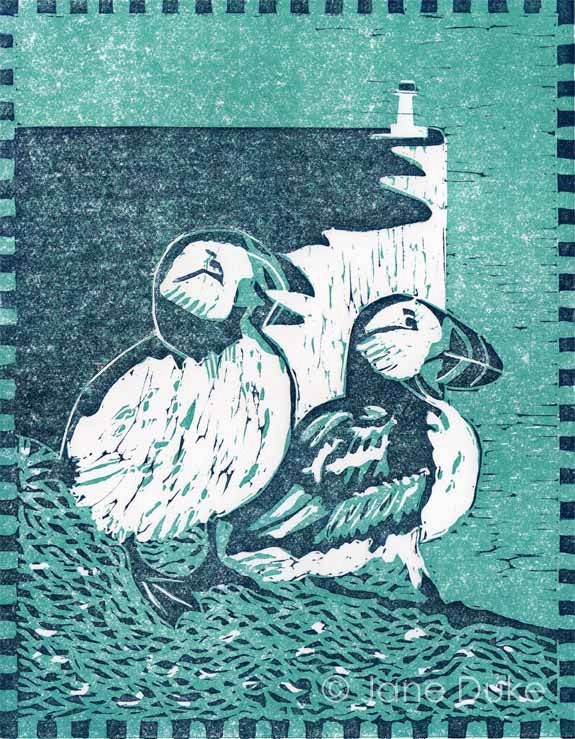 Puffins Linocut Print Turquoise and Blue Unframed