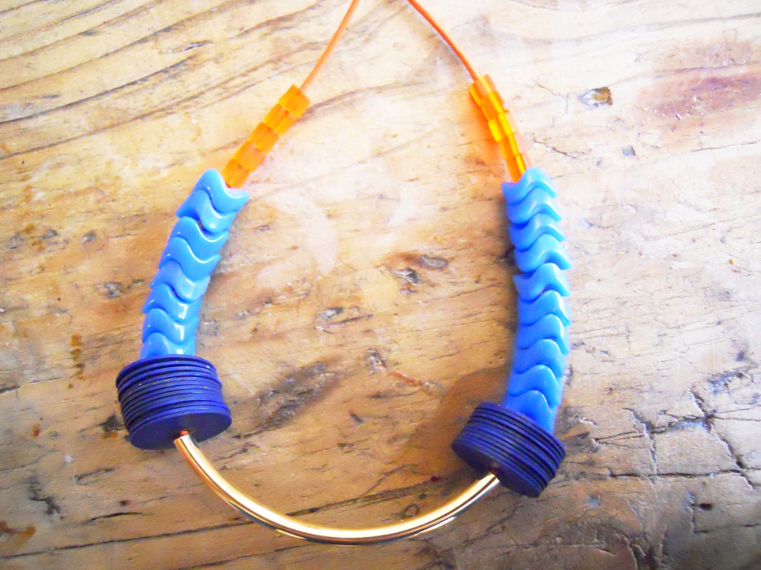 SALE TRIBAL Necklace with african wooden discs golden tube and nake beads BRIGHT orange aqua royal blue