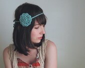 Crochet Headband, Crochet Flower Motif Headband in Aquamarine Blue / The Miette Headband