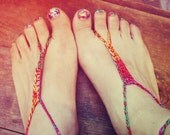 Handmade Thin Bohemian Red Crochet Barefoot Sandals, Hippie Foot Thongs, Wrap Anklets, Aztec, Tribal, Summer, Beach