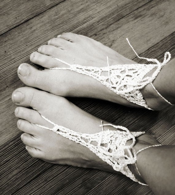 Handmade Barefoot Sandals, White Crochet, Hippie, Foot Thongs, Bridal, Summer, Beach, Music festivals