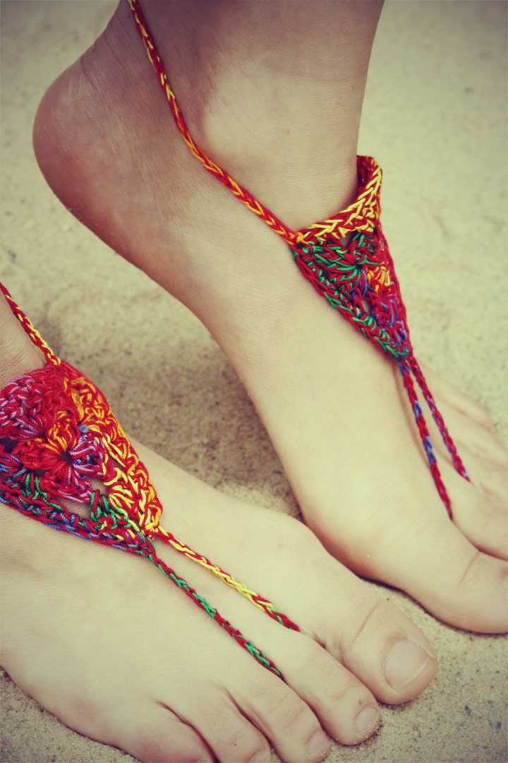 Handmade Bohemian Crochet Barefoot Sandals, Hippie Foot Thongs, Hippie Gladiator, Beach, Festival