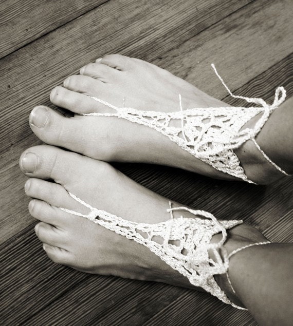 Handmade Barefoot Sandals, White Crochet, Hippie, Foot Thongs, Bridal, Summer, Beach, Music festivals