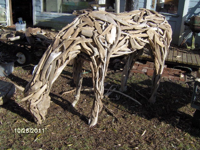 horse sculpture made from several hundred pieces of driftwood