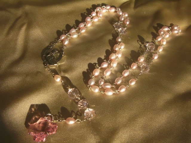 Pink Pearl and Crystal Rosary with Pink Swarovski Cross