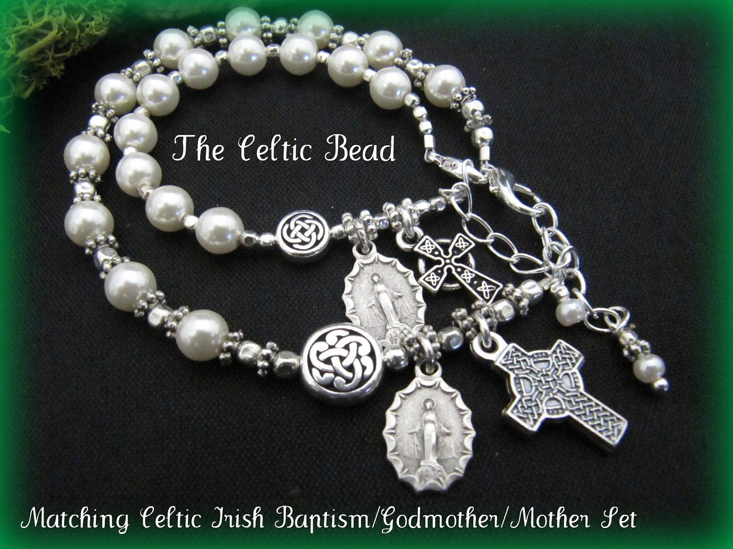 Matching Set of Celtic Irish Catholic Baby/Godmother/Mother Baptism Pearl and Crystal Rosary Bracelets