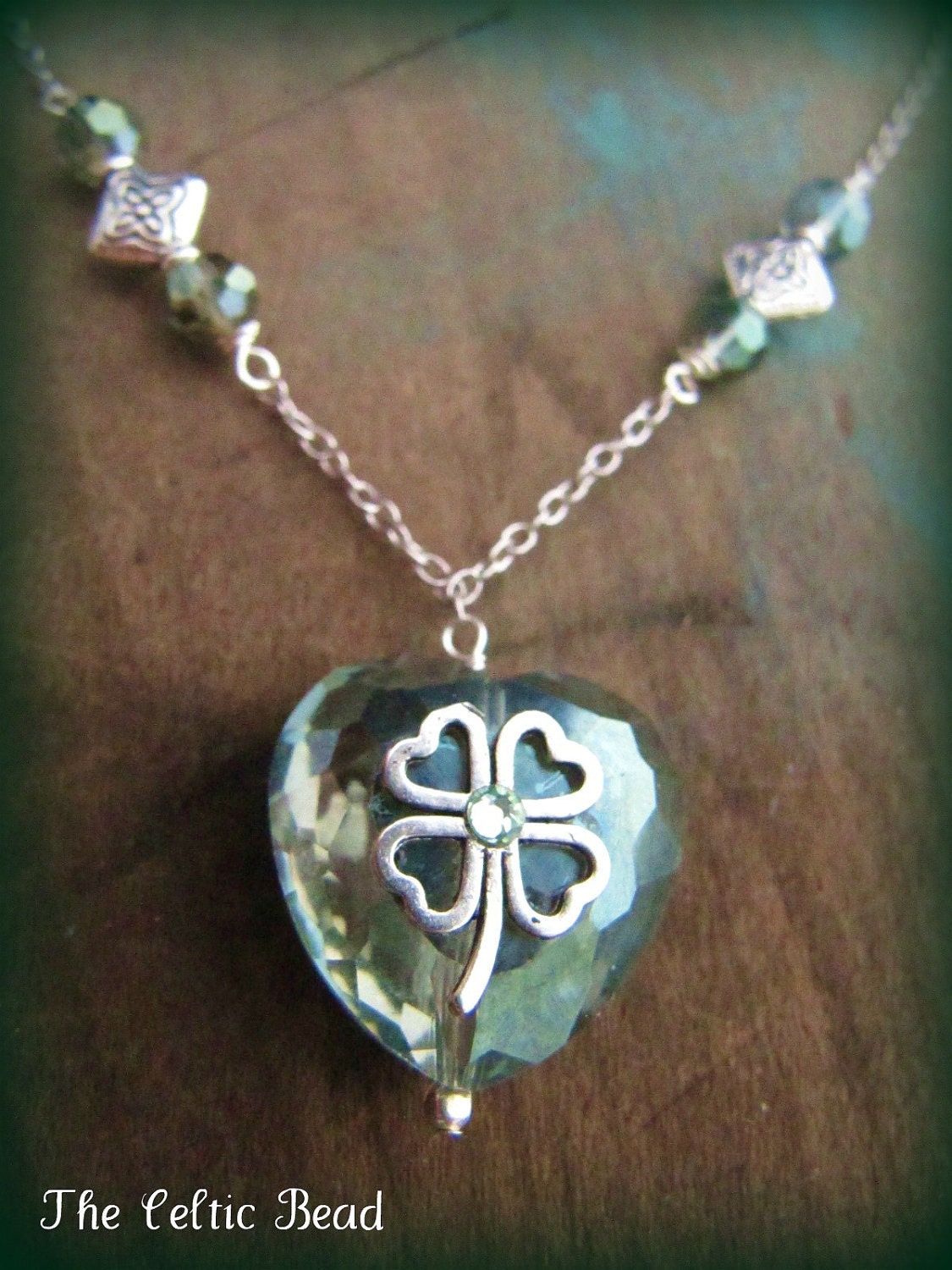 Gorgeous Celtic Irish Green Large Crystal Heart and Silver Shamrock Necklace