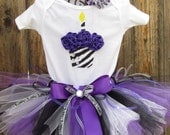 WILD ZEBRA PURPLE Birthday Girl Set - 3D Cupcake Onesie and Tutu Skirt and Matching Flower Headband- 1st 2nd 3rd 4th 5th Birthday