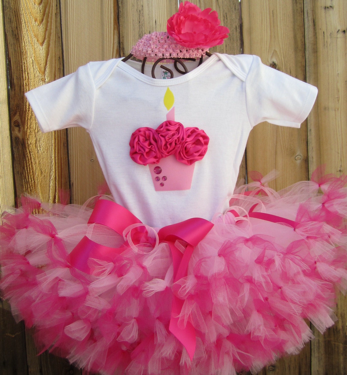HOT PINK BIRTHDAY 3D Cupcake 1st Birthday Set Includes Petti Tutu 3D Cupcake Onesie w/Free Matching Flower - 1st 2nd 3rd 4th 5th bday