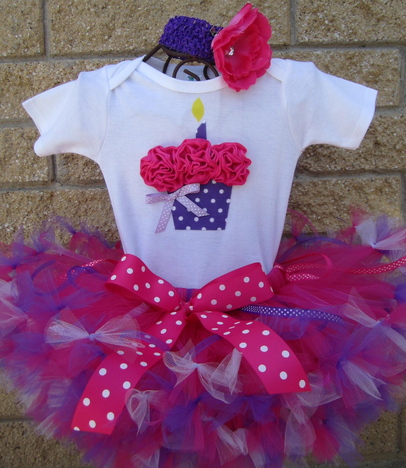 POLKA DOT PARTY 3D Cupcake 1st Birthday Set Includes Petti Tutu 3D Cupcake Onesie w/Free Matching Flower - 1st 2nd 3rd 4th 5th bday