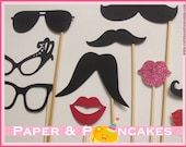 14 Piece Photo Booth Props. Lips, Glasses, Talking Bubble, and Mustache on a Stick. Wedding Photo Props. Chalkboard Talking Bubble