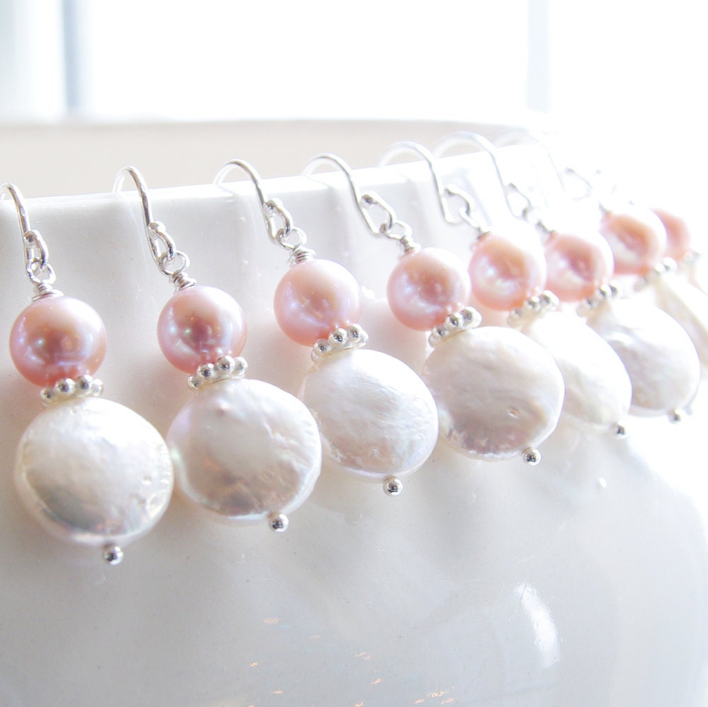 Set of FIVE Bridesmaid Gifts Pearl Earrings, Pink Wedding, White Coin Pearl, Sterling Silver, Elegant Classic Bridal Gifts, WeddingsBySS