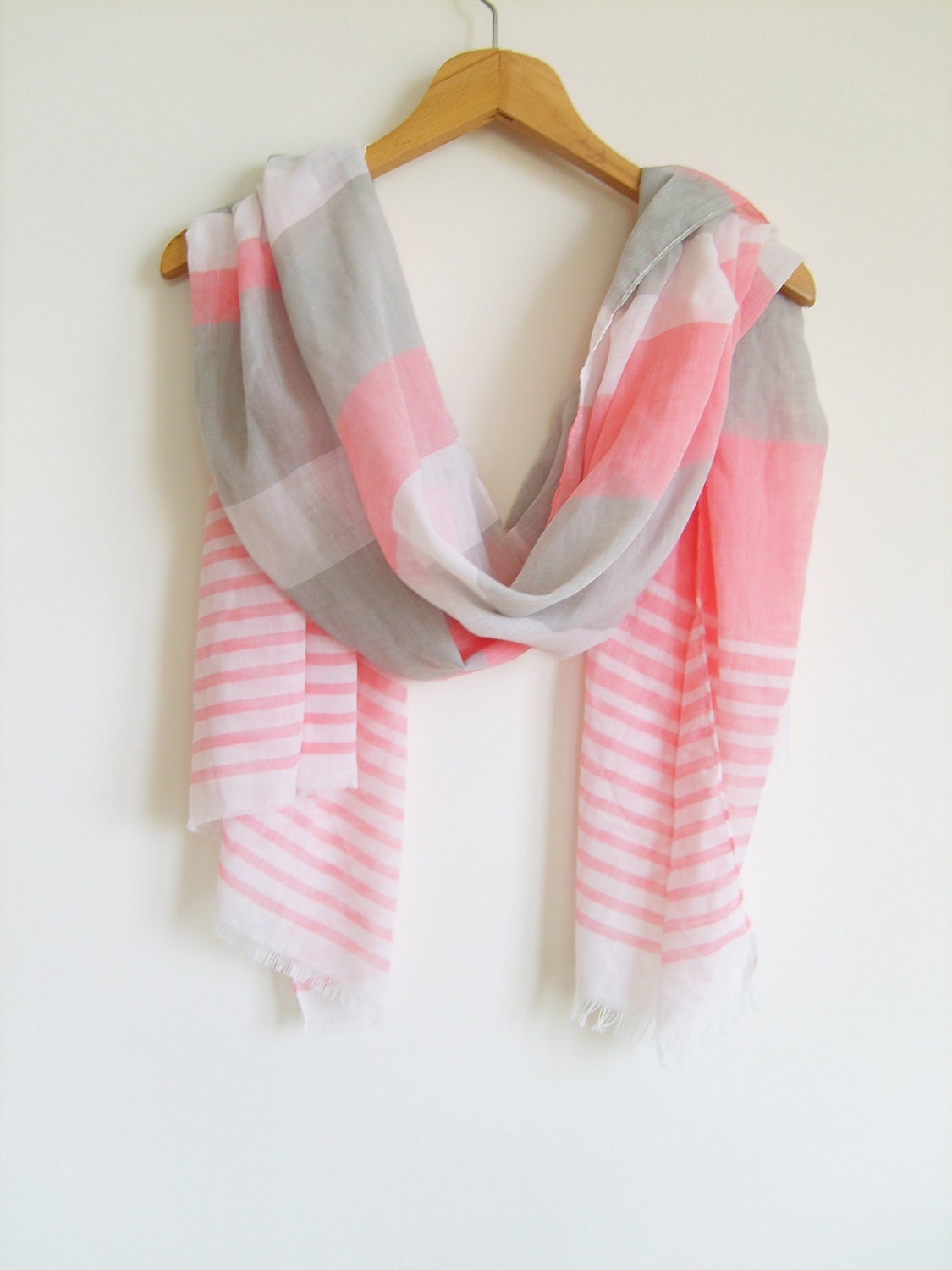 FREE SHIPPING, Pink Striped Scarf / High Fashion Shawl / Spring 2012 Fashion Pashmina / Pink - Gray -White / Lightweight, Summer Scarf