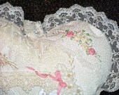 Crazy Quilt Heart Shaped Pillow, White with Adornments