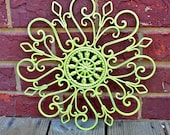 Metal Wall Decor /Lime Green /Distressed Patio Decor /Painted Bright /Outdoor Up Cycled Iron Art /Ornate Flower Design