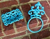 Turquoise Soap Dish/ Towel Ring/ Bright /Hand Painted Cast Iron/ Flower Design/ Bathroom, Kitchen Decor/ Decorative Shabby Chic - AquaXpressions