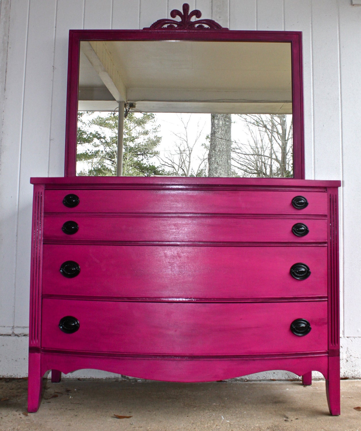Pink Vintage Dresser with Mirror /Girl Bedroom Decor /Magenta /Black Drawer Pulls /Storage /Antique Painted Bright Furniture /