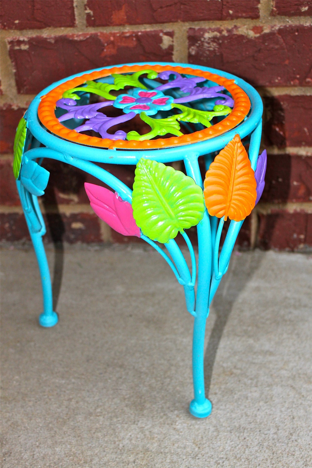 Plant stand,Side Table,Metal,Lime Green,Purple,Orange,Turq Blue,Pink,Colorful,Flower,Leaves,Painted,Bright,Decorative,Chic, Patio Furniture