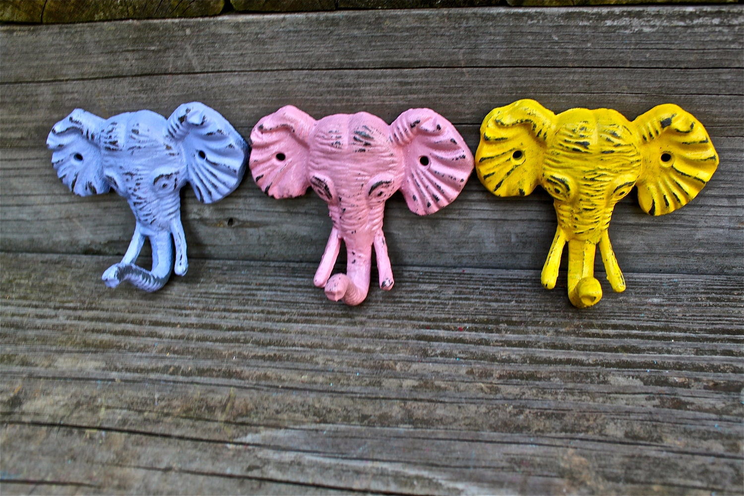 Set of 3 Bright "Elephant" cast iron Wall Hook:Pink,Turquoise,Lime Green,Shabby Lodge,Cabin,Safari Decor/ Key Hanger, Towel Holder