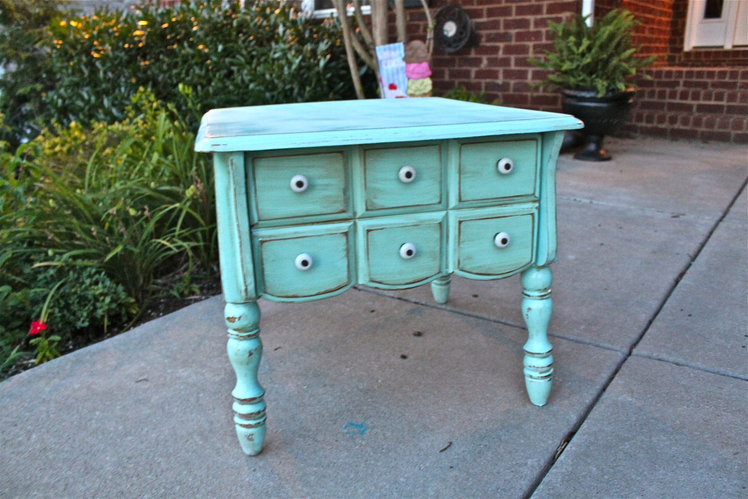 Aquamarine Vintage Nightstand /Distressed Bedroom Furniture /Side, End Table /Tv Stand /Storage