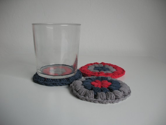 Cotton crochet coasters - blue gray raspberry  coasters - absorbent coasters