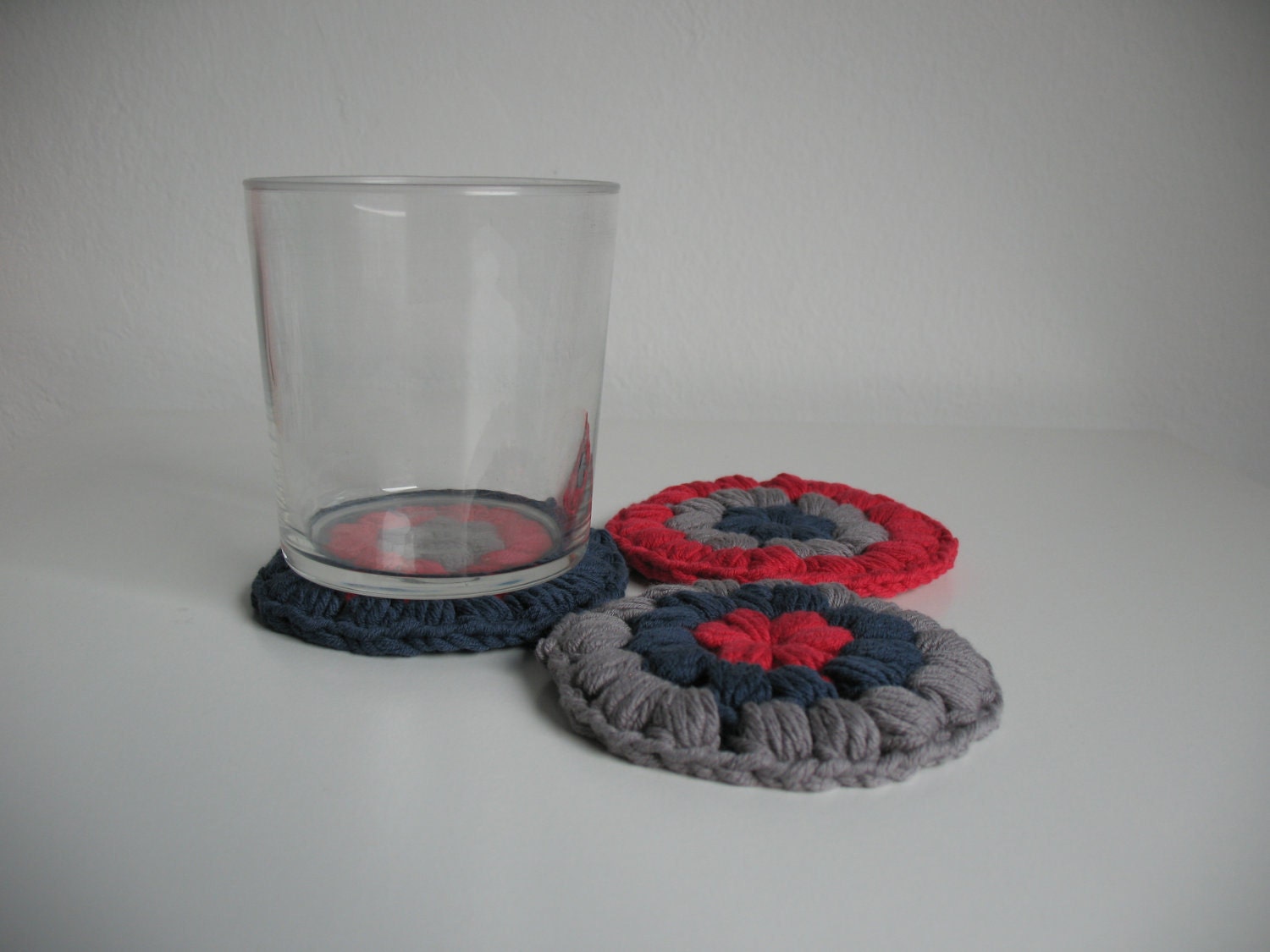 Cotton crochet coasters - blue gray raspberry  coasters - absorbent coasters