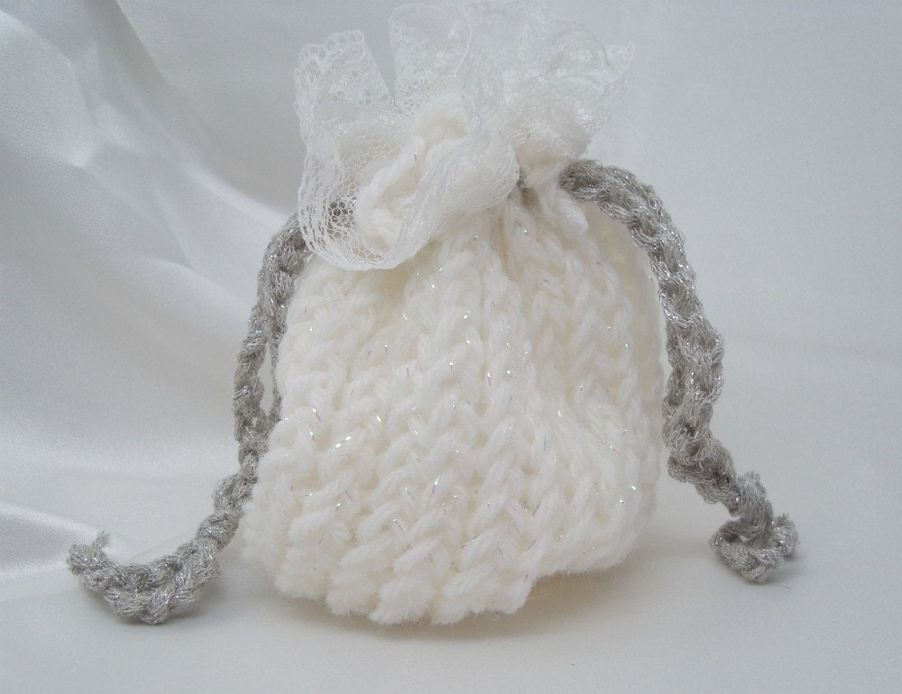 Sparkling White Loom Knit Bag with Lace Trim
