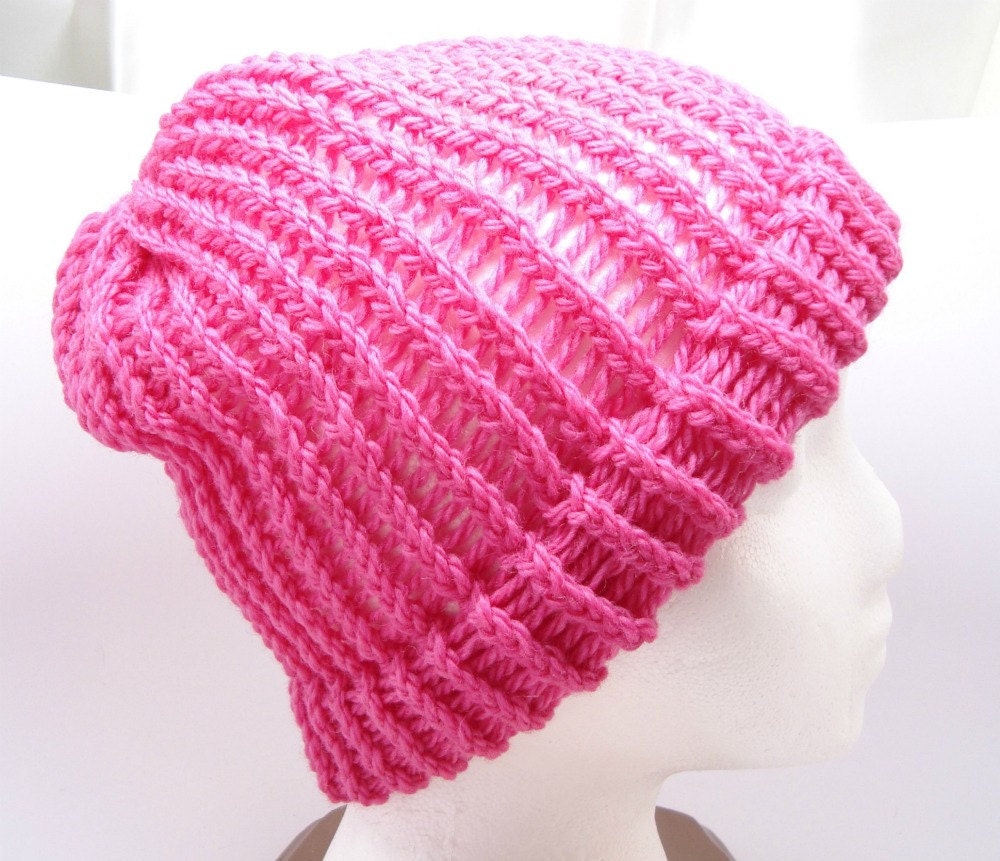Fuchsia Loom Knit Adult Size Hat