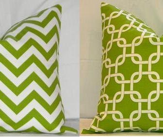 Set of Two 18 x 18 Pillow Covers : Chartreuse and White Chevron AND Gotcha Lattice Fabrics, Both Sides